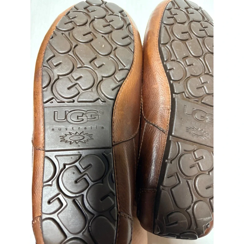 UGG Ascot Leather Slippers Mens 8 Chestnut Brown Sheepskin Lined Loafers 5379